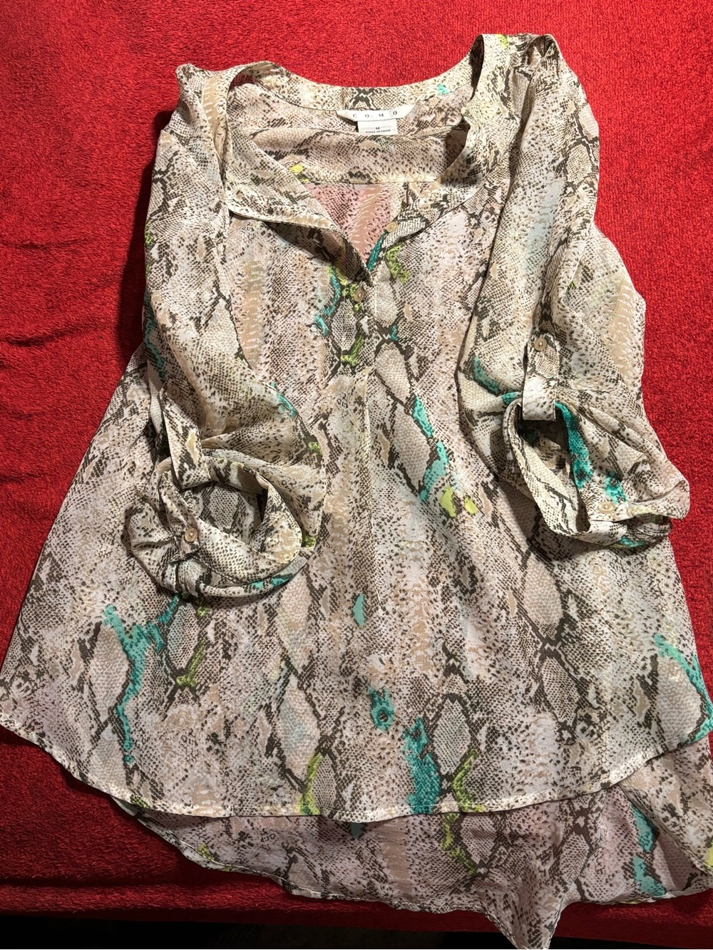 Como Light Taupe Snake Print Blouse with Teal Accents Size Medium